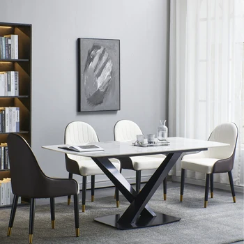 Современный прямоугольный Обеденный стол из спеченного камня, белый Обеденный стол с черными Х-образными ножками из углеродистой стали