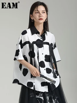 [EAM] Женская блузка большого размера с лентой в белый горошек, Новая рубашка свободного кроя с отворотом и коротким рукавом, модная весна-лето 2023 1DF7193