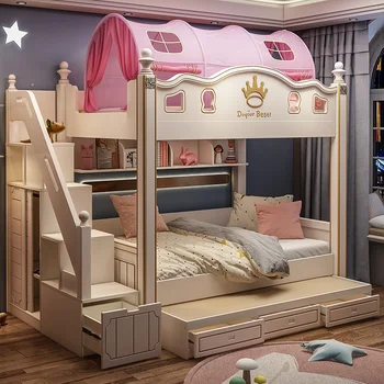 Двухъярусная кровать с двумя верхними и нижними койками, кровать принцессы для девочек, высокая и низкая кровать из массива дерева, деревянная двуспальная кровать
