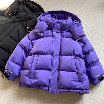 2023 Зима, Повседневная Короткая Толстая теплая Куртка на утином пуху с длинными рукавами и капюшоном для Маленьких мальчиков, Детское пальто, Верхняя одежда