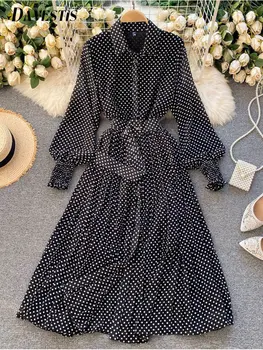 Шифоновое платье во французский горошек, Женская Летняя мода 2023, Плиссированные платья для похудения, Женское офисное платье Миди с воротником-поло