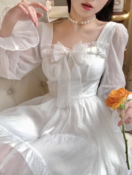 Милая юбка феи, белое платье Каваи, женские шифоновые мини-платья с длинным рукавом, бант, халат феи, оборки, квадратный воротник в стиле пэчворк
