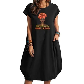 2022 Casual Afrikaanse Jurk Voor Vrouwen Pocket Zwart Mooie Letters Print T-shirt Jurken Vrouwen Top Vrouwelijke Tops