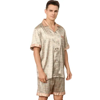 Пижама европейского размера, мужские шорты с короткими рукавами и принтом, пижамный комплект для мужчин, Атласная шелковая пижама с большим бюстом, одежда для сна, пижама