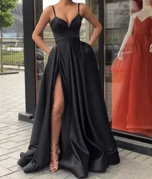 Простое черное платье на бретельках для выпускного вечера, сексуальный дизайн из атласа с разрезом и карманами, длинные вечерние платья длиной до пола