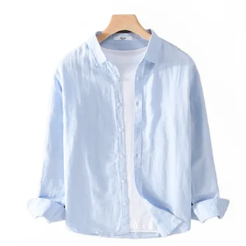 Высококачественная хлопковая льняная рубашка с длинным рукавом для мужчин, повседневные топы с отложным воротником, мужская однотонная рубашка на пуговицах большого размера