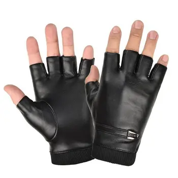 Черные перчатки без пальцев из искусственной кожи, однотонные женские перчатки на пуговицах, теплые мужские перчатки для вождения в стиле мотор Панк, толстые перчатки