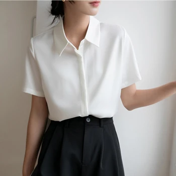 Новая летняя модная женская блузка 2023 из однотонного атласа с V-образным вырезом и короткими рукавами, Элегантные минималистичные рубашки и блузки для женщин