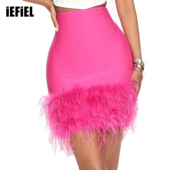 Сексуальная мини-юбка с пушистыми перьями, Облегающая юбка с высокой талией, однотонная эластичная юбка-карандаш для клубной вечеринки