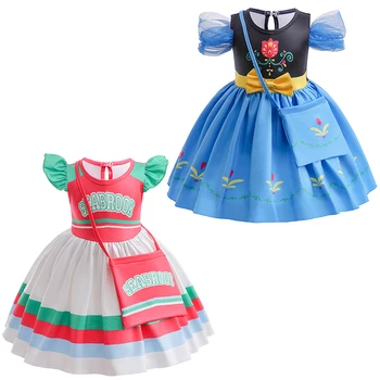 Летние детские платья Disney 2023 с короткими рукавами, Замороженные Платья Принцессы Анны для Косплея, Платья с принтом для маленьких девочек С сумкой