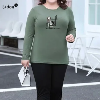 Весенне-осенний Простой пуловер с принтом Armygreen, топы, Повседневная женская одежда Больших размеров, Свободная футболка с круглым вырезом и длинными рукавами