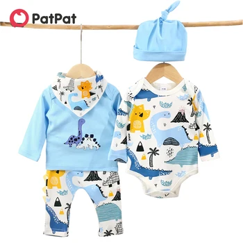 PatPat 100% Хлопок, 5 шт., синий комплект с длинными рукавами и принтом динозавра из мультфильма для малышей