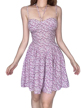 Женское летнее мини-платье без рукавов на бретельках с цветочным принтом, милое праздничное платье