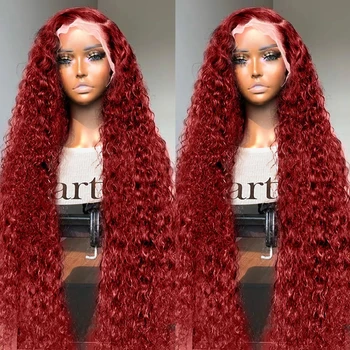 Красный парик из человеческих волос с глубокой волной 99J, 13x4, Бордовый, HD, Парики из человеческих волос с волной воды, Для женщин, Бразильские Кудрявые Парики