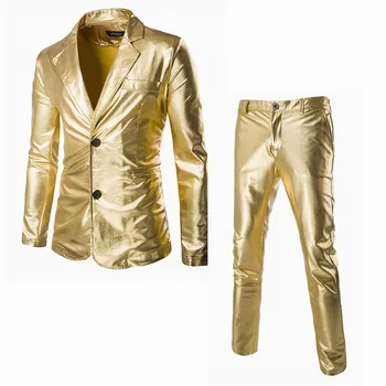 Новое поступление, мужской приталенный костюм с золотистой блестящей поверхностью и однобортным дизайном на двух пуговицах, мужские костюмы из 2 предметов