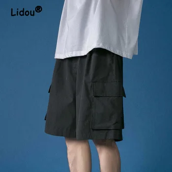 Модные однотонные мужские шорты-карго с большим карманом, классические Свободные уличные повседневные корейские универсальные мужские шорты
