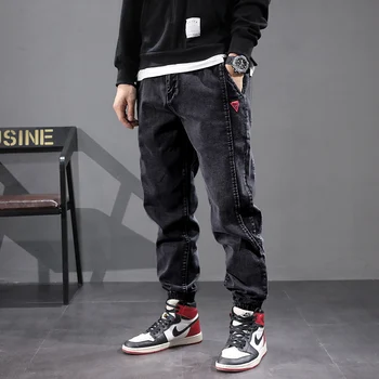 Дизайнерские джинсы уличной моды, мужские Ретро черные серые стрейчевые повседневные джинсовые брюки-карго, мужские джоггеры в стиле хип-хоп, Свободные брюки