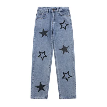 2021 Стильная Вышивка звезд, Потертые Мужские Джинсы в стиле хип-хоп, Ретро Повседневные Прямые Женские Джинсовые брюки Pantalon Homme