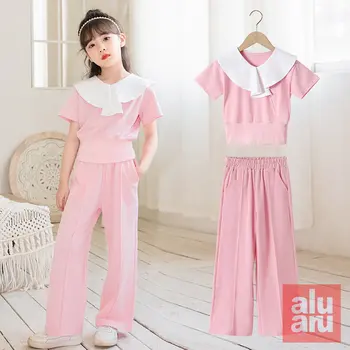 2023 Летний новый костюм для девочек, Детская корейская версия CuHK, Тонкие брюки с короткими рукавами, красный Свободный повседневный комплект из двух предметов