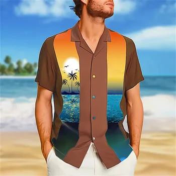 Летняя мужская гавайская рубашка с 3D-принтом кокосовой пальмы и кубинским воротником, повседневная пляжная рубашка оверсайз с короткими рукавами XS-5XL