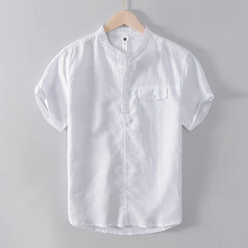 Дизайнерская итальянская новинка, итальянские стильные однотонные хлопковые льняные рубашки с коротким рукавом, мужские рубашки со стоячим воротником, белая брендовая рубашка для мужчин camisa