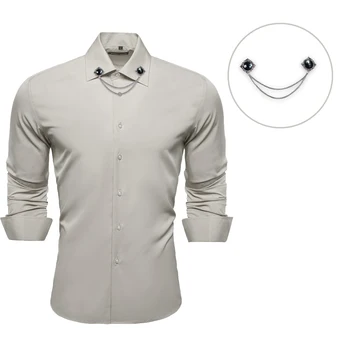 Весенне-осенняя мужская рубашка с длинным рукавом, деловая серая однотонная тканая рубашка с лацканами, повседневный комплект рубашек с брошью, вечерние свадебные рубашки Barry.Wang CY-753