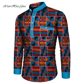 Мужская рубашка Дашики Bazin Riche, традиционная африканская одежда для мужчин, Хлопковые топы с длинным рукавом, повседневные рубашки с африканским принтом WYN861