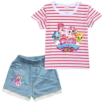 Новый Летний комплект одежды для Маленьких Девочек и мальчиков, Детская спортивная футболка Catch Teenieping + Джинсовые шорты, Комплект из 2 предметов, Детская одежда