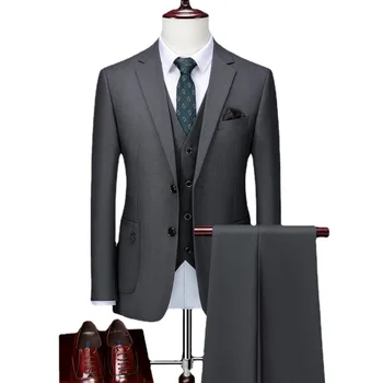 5Xl (куртка + жилет + Брюки) Мужские Роскошные костюмы в деловом стиле, Повседневная мужская однотонная официальная одежда, Мужской приталенный комплект из 3 предметов, Плюс Размер