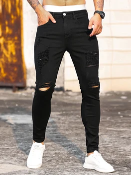 Мужские Узкие Рваные брюки, Облегающие Черные Брюки-карандаш из эластичного денима с царапинами, Уличные джинсы в стиле хип-хоп, Модная Одежда для бойфренда, Джинсы