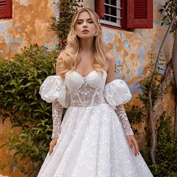 Элегантное свадебное платье трапециевидной формы со съемными пышными рукавами, Свадебное платье Принцессы на заказ