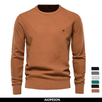 AIOPESON, однотонный хлопковый мужской свитер, вязаный пуловер с круглым вырезом в полоску для мужчин, Повседневный Новый Зимний свитер для мужчин