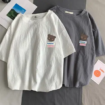 Нишевая футболка с короткими рукавами и принтом медведя из промытого хлопка, Женская модная Брендовая Свободная Универсальная футболка для девочек, Мужские топы с коротким рукавом 2023