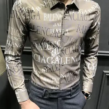 Осенняя мужская красивая рубашка с буквенным цветком 2021, мужская корейская приталенная повседневная рубашка с принтом, мужская одежда с длинным рукавом