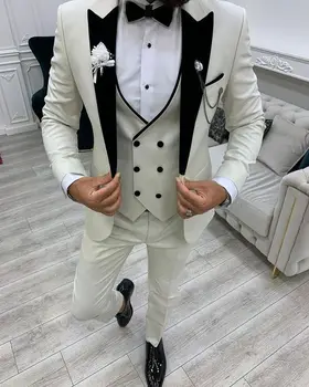 Приталенные свадебные костюмы для мужчин, Смокинг жениха из 3 предметов, Блейзер с отворотом, Двубортный жилет и брюки 2023