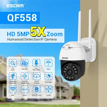 ESCAM QF558 беспроводное подключение Wi-Fi, 5-мегапиксельное обнаружение гуманоидов, 5-кратный PTZ двусторонний голосовой сигнал ONIVF smart с двойным источником света, ночное видение