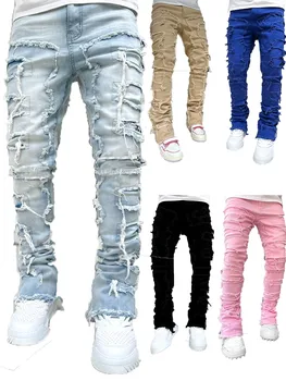 Новые Европейские и американские джинсы-стрейч с нашивкой в стиле Уличной моды в тяжелом весе для мужчин, длинные джинсы прямого кроя для Хай-Стрит