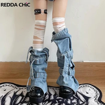 ReddaChic Асимметричные женские гетры из синего денима, Милые Бандажные ремни, Японские сапоги для девочек, облегающие носки до бедра без носков