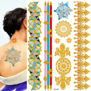 1 Лист Флэш-татуировки в стиле Бохо, золотой Металлик, Треугольник, Синие мерцающие украшения, Фестивальные временные татуировки