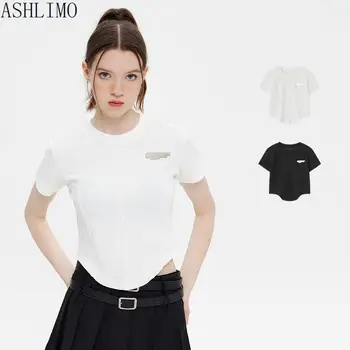 ASHLIMO Harajuku, простая и универсальная белая футболка, женская летняя футболка с короткими рукавами и асимметричным вырезом на пупке, короткий топ
